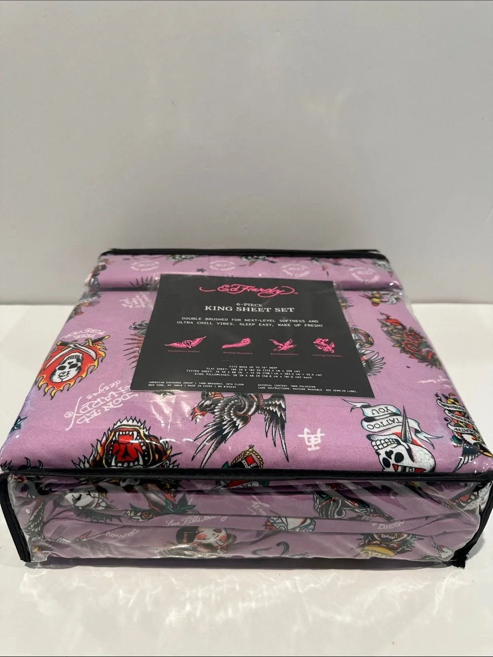 NWT Ed Hardy Death Before Dishonor 6 Piece King Sheet Set with 4 Pillowcases.